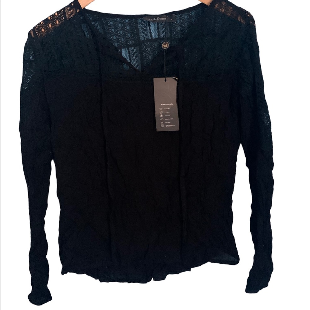 Style Dome Black Long Sleeve a crochet Top Tunic NWT Size S